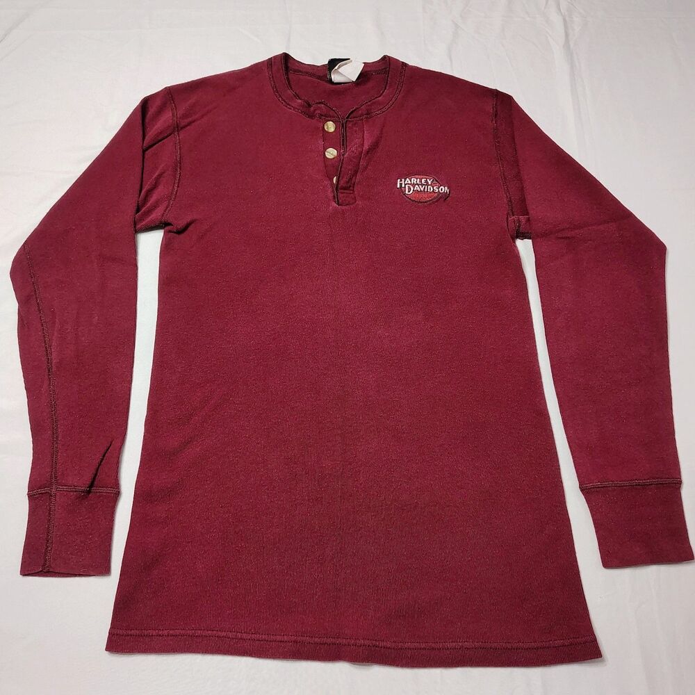 Vintage 90s Harley Davidson Sz XS-S Maroon Ribbed Henley LS Shirt Embroidered